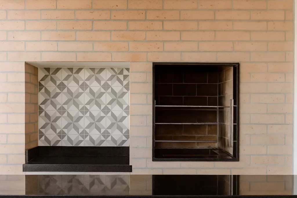 Revestimento Decorativo: transforme cada ambiente com estilo e personalidade 5 Churrasqueira com revestimento de tijolinhos claros e nicho com azulejos geométricos cinza, sobre bancada de granito preto.