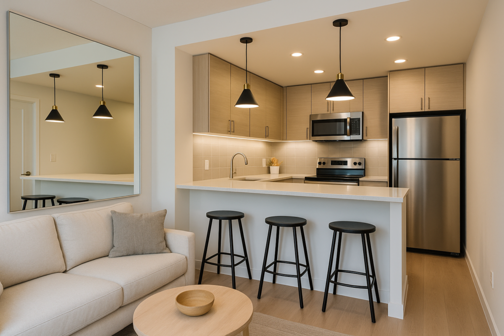 Cozinha americana com sala pequena, espelho decorativo, iluminação embutida e meia parede com bancada.