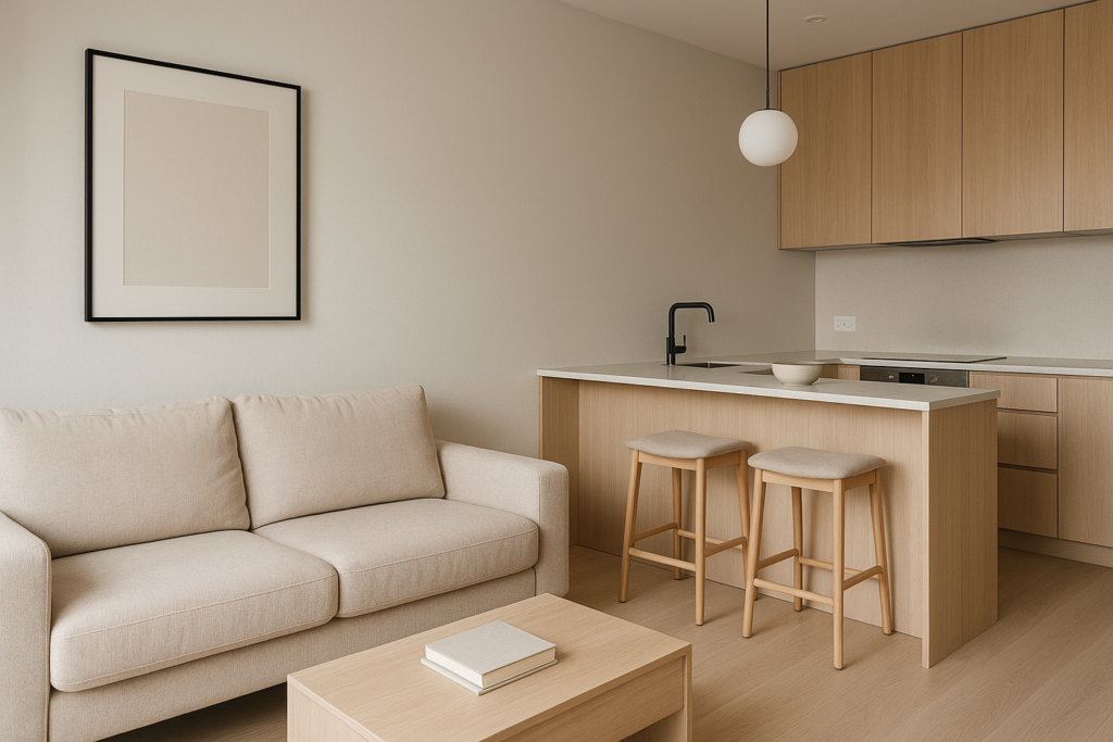 Cozinha americana simples com sala integrada em tons neutros, móveis multifuncionais e estilo minimalista.