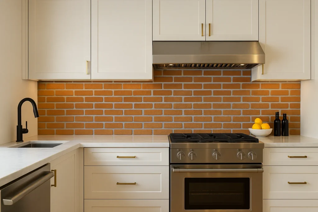 Revestimento Tijolinho de Parede: Ideias, Estilos e Inspirações para Sua Casa 4 Cozinha moderna clean com parede de tijolinho atrás do fogão, armários brancos e detalhes sofisticados.