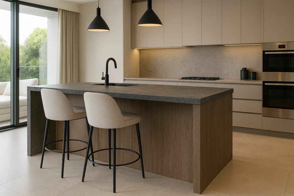 Balcão de porcelanato para cozinha americana: charme e sofisticação 5 Cozinha moderna e elegante com balcão americano revestido em porcelanato acetinado cinza, iluminação suave e cadeiras minimalistas.