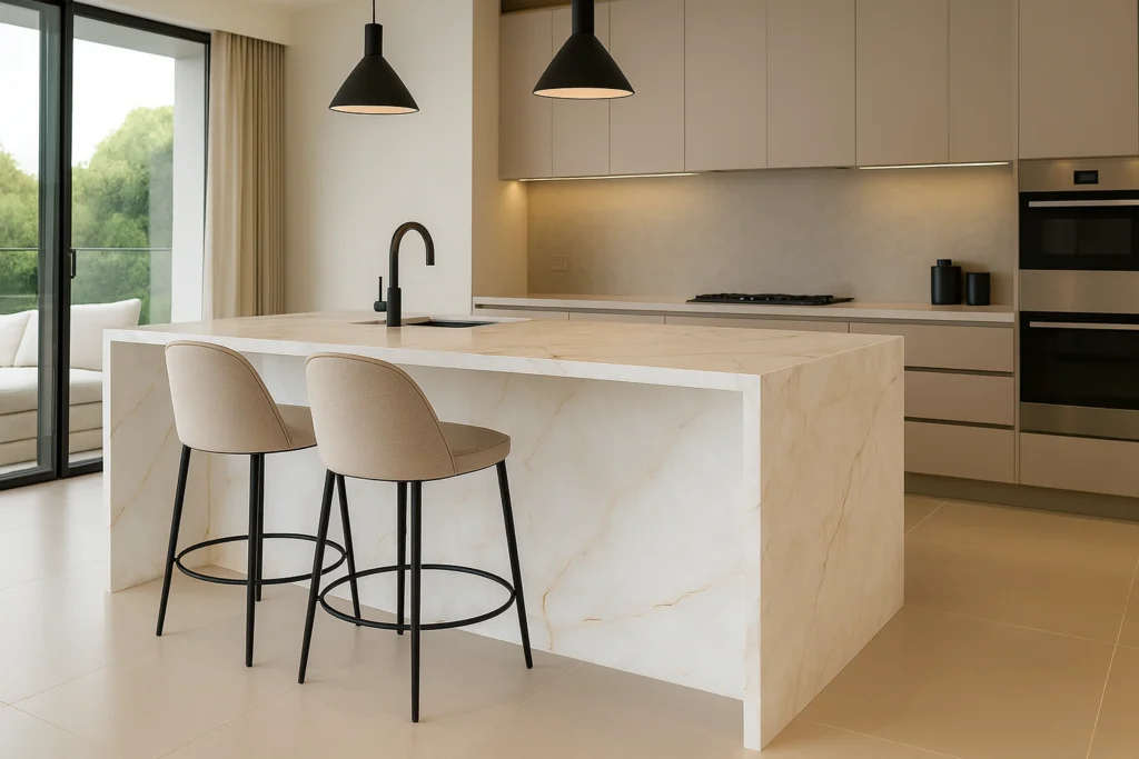 Balcão de porcelanato para cozinha americana: charme e sofisticação 2 Cozinha moderna e elegante com balcão de porcelanato para cozinha americana marmorizado branco com veios dourados, iluminação suave e cadeiras minimalistas.