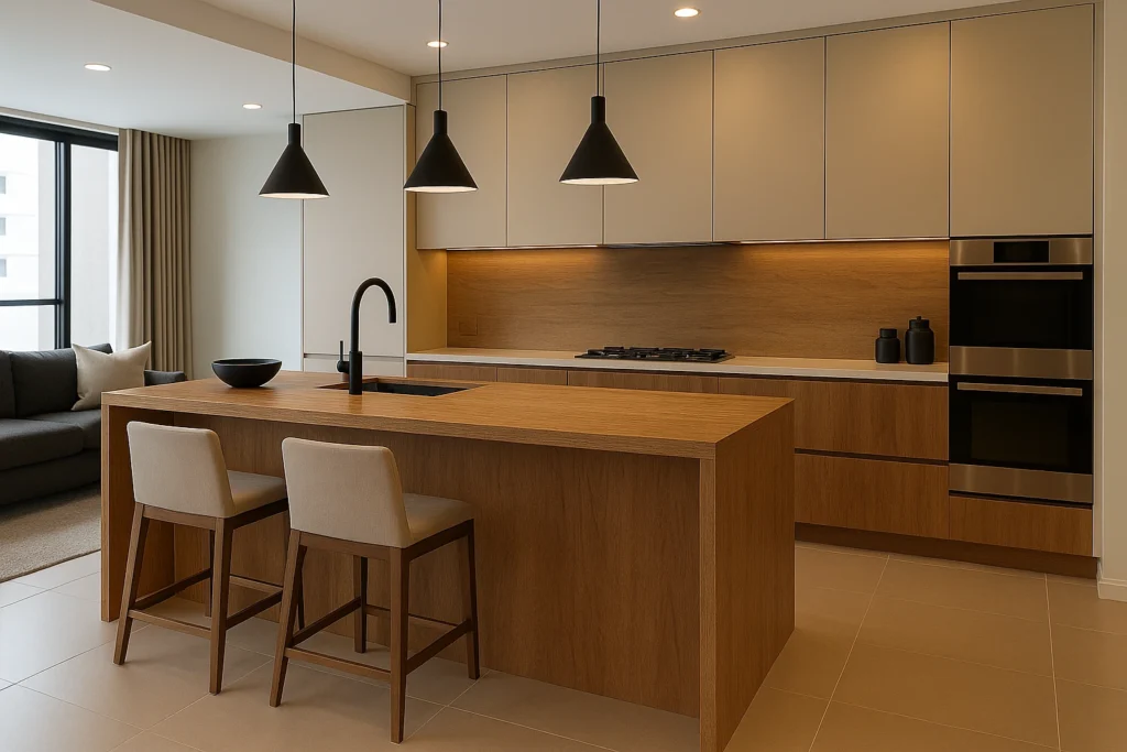 Balcão de porcelanato para cozinha americana: charme e sofisticação 4 Cozinha moderna e elegante com balcão de porcelanato amadeirado natural, iluminação suave e decoração clean em tons neutros.