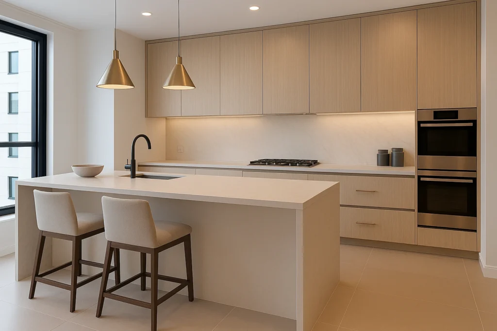 Balcão de porcelanato para cozinha americana: charme e sofisticação 3 Cozinha moderna e elegante com balcão de porcelanato liso em tons neutros, cadeiras minimalistas e iluminação sofisticada.
