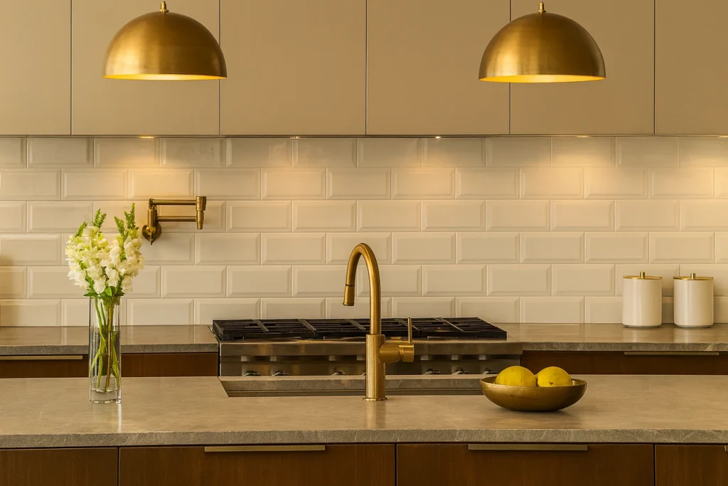 Cozinha sofisticada com parede revestida em Beatles Branco Decortiles, bancada em pedra, pendentes dourados e detalhes elegantes.