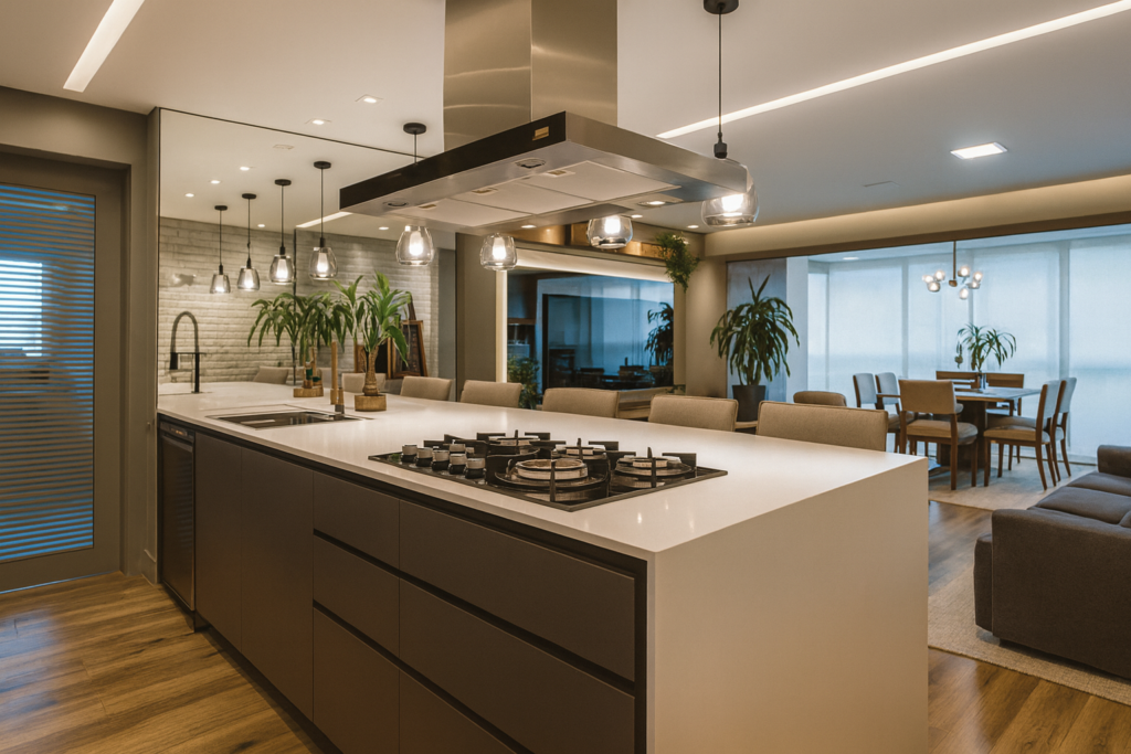 Cozinha moderna com sala de jantar e estar integradas, ilha central ampla com cooktop e decoração sofisticada