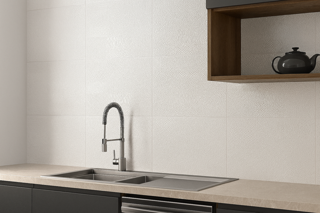 Cozinha moderna com parede de cerâmica branca e bancada de granito claro, decorada com prateleira de madeira