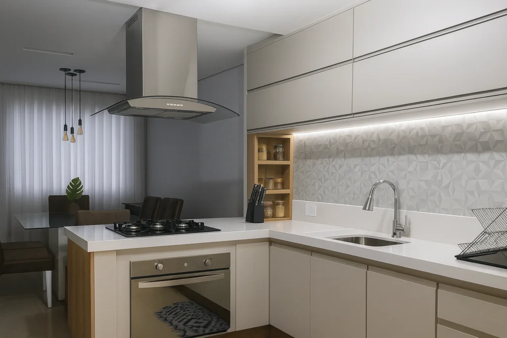 Pia de Alvenaria com Porcelanato: Modelos, Medidas e Dicas para Sua Cozinha 2 Cozinha moderna em tons claros com pia de alvenaria e bancada branca.