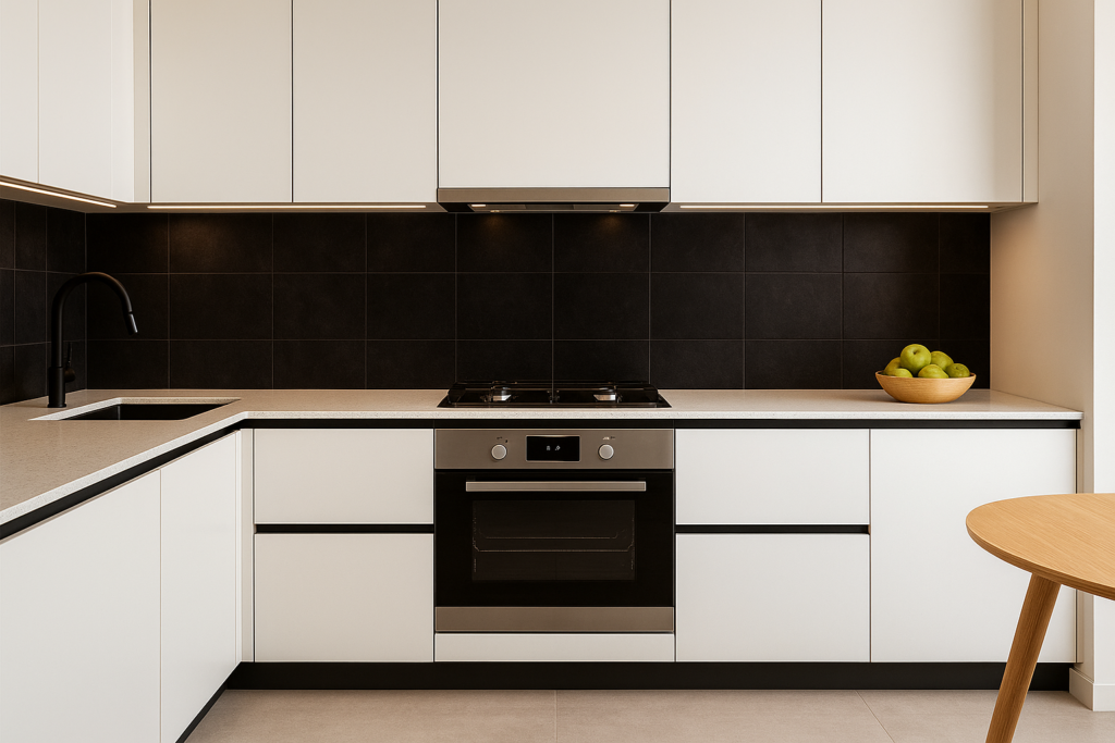 Cozinha moderna com parede revestida em piso preto, estilo sofisticado e iluminação indireta.