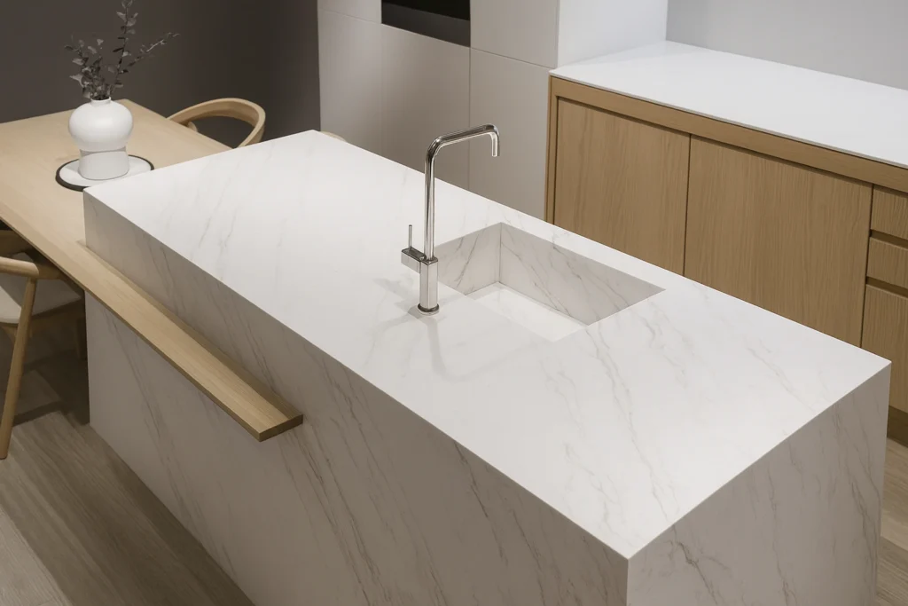 Pia de Alvenaria com Porcelanato: Modelos, Medidas e Dicas para Sua Cozinha 4 Cozinha moderna com pia de alvenaria marmorizada branca, design minimalista e bancada integrada, destacando elegância e sofisticação no ambiente.