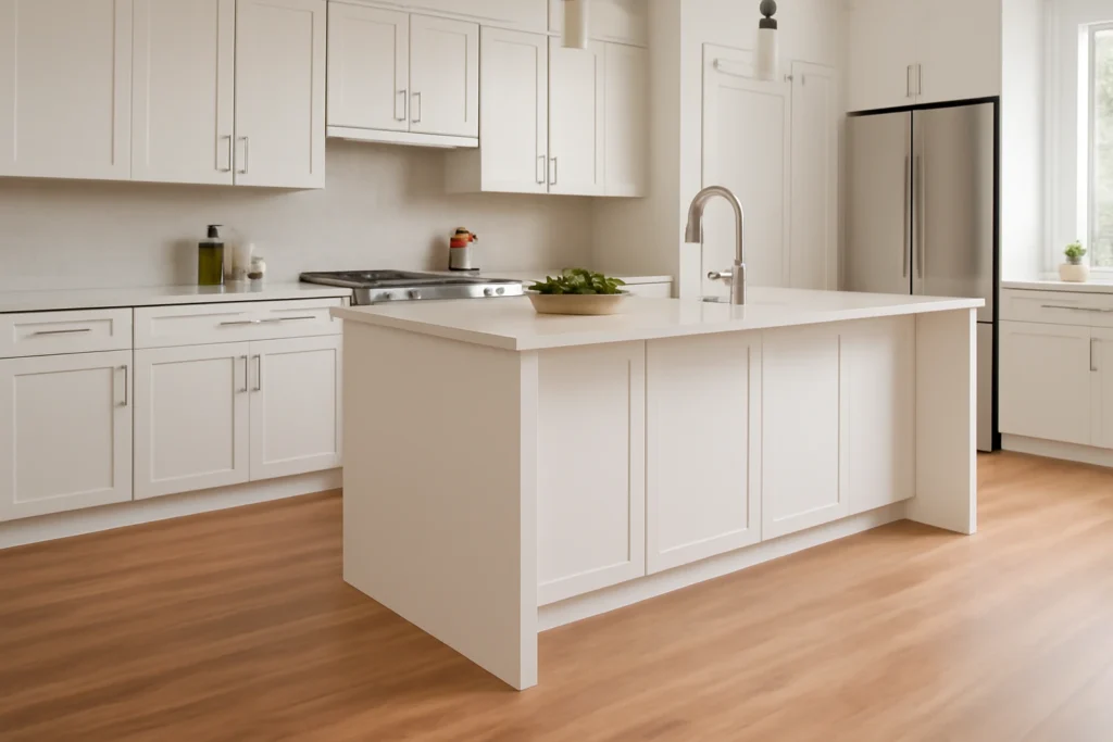 Piso Vinílico ou Laminado: Entenda a Diferenças para o Seu Ambiente 3 Cozinha moderna e minimalista com armários brancos e piso laminado de madeira.