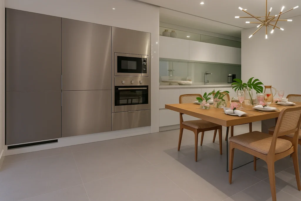 Porcelanato Cimentício: Como Escolher o Modelo para Cada Ambiente 3 Cozinha moderna integrada à sala de jantar, com piso em porcelanato Munari Cimento Acetinado 90x90 Eliane, armários brancos e eletrodomésticos em inox.