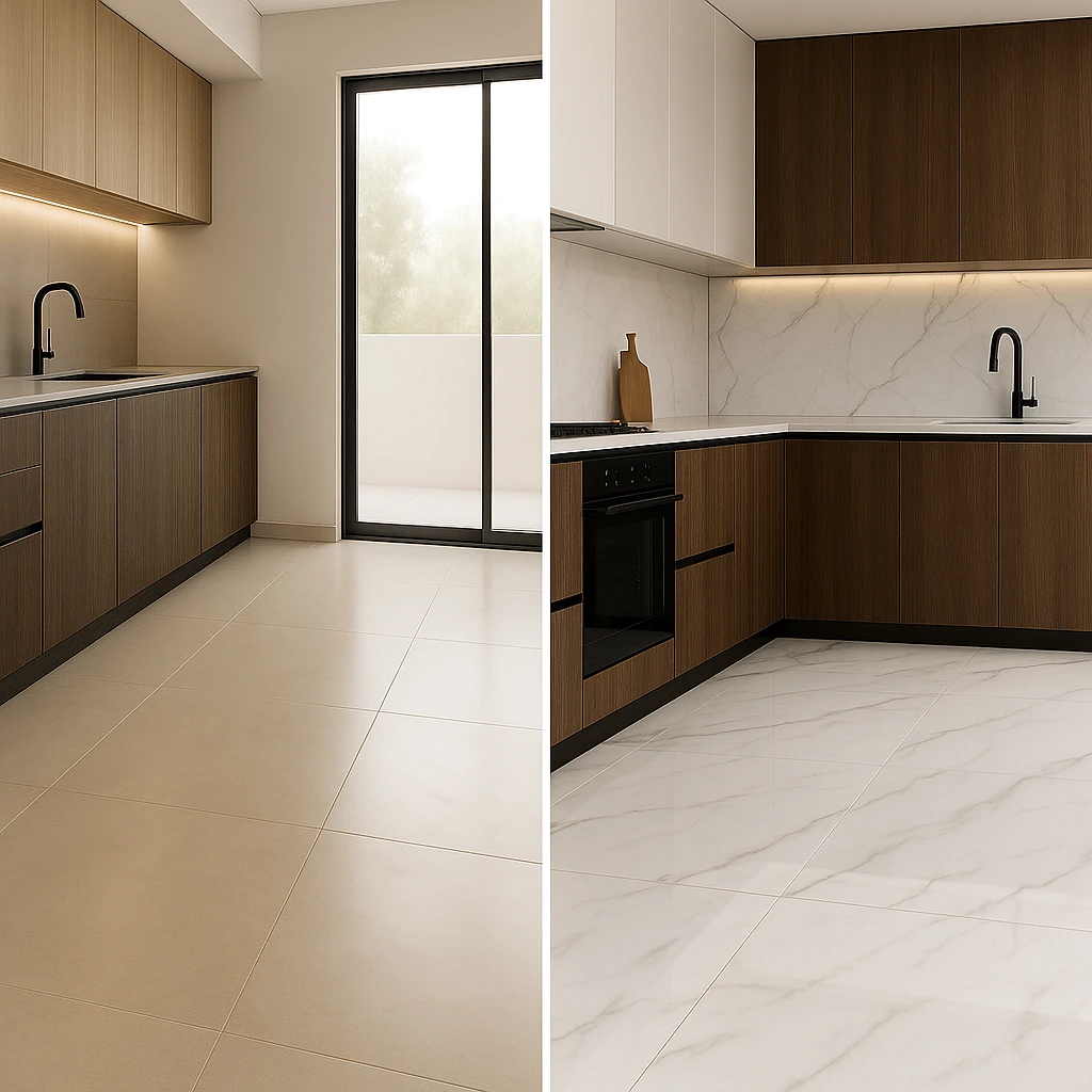 Porcelanato Polido ou Acetinado: Diferenças, Vantagens e Como Escolher 6 Cozinha moderna com porcelanato polido e acetinado lado a lado, exibindo luxo, brilho e sofisticação no design de interiores.