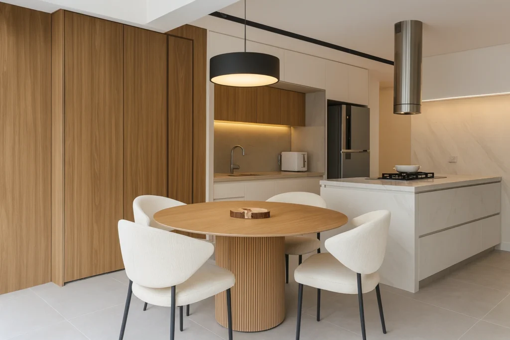 Portobello: Porcelanatos e Revestimentos de Alta Qualidade para Todos os Ambientes 8 Cozinha moderna com piso porcelanato Portobello Nord Ris, integrada à sala de jantar, com mesa redonda de madeira e cadeiras estofadas, unindo design contemporâneo e aconchego.