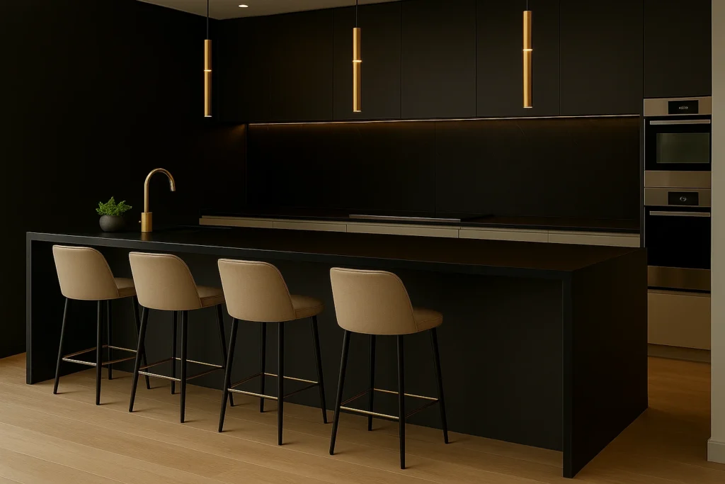 Porcelanato Preto na Cozinha: Dicas de Estilo e combinações Luxuosas 3 Cozinha sofisticada com paredes revestidas em porcelanato preto liso, armários e gavetas em tons neutros off white, bancada escura e iluminação dourada pendente.