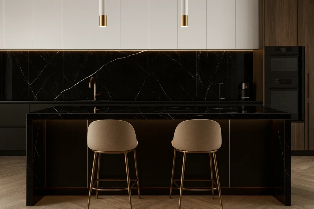 Biancogres: Porcelanatos de Qualidade e Sofisticação para Sua Obra 3 Cozinha elegante revestida com porcelanato Biancogres Royal Black Lux 60x120 polido, bancada imponente, cadeiras sofisticadas e iluminação contemporânea.