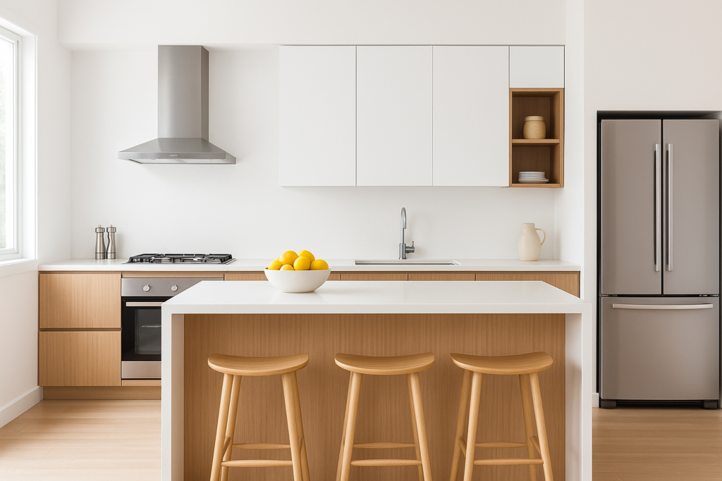 Tintas Suvinil: Confira as Principais Linhas e Funcionalidades em Cada Ambiente 3 Cozinha moderna com paredes pintadas em Suvinil Limpeza Total acrílico branco, transmitindo sofisticação, luminosidade e fácil manutenção.
