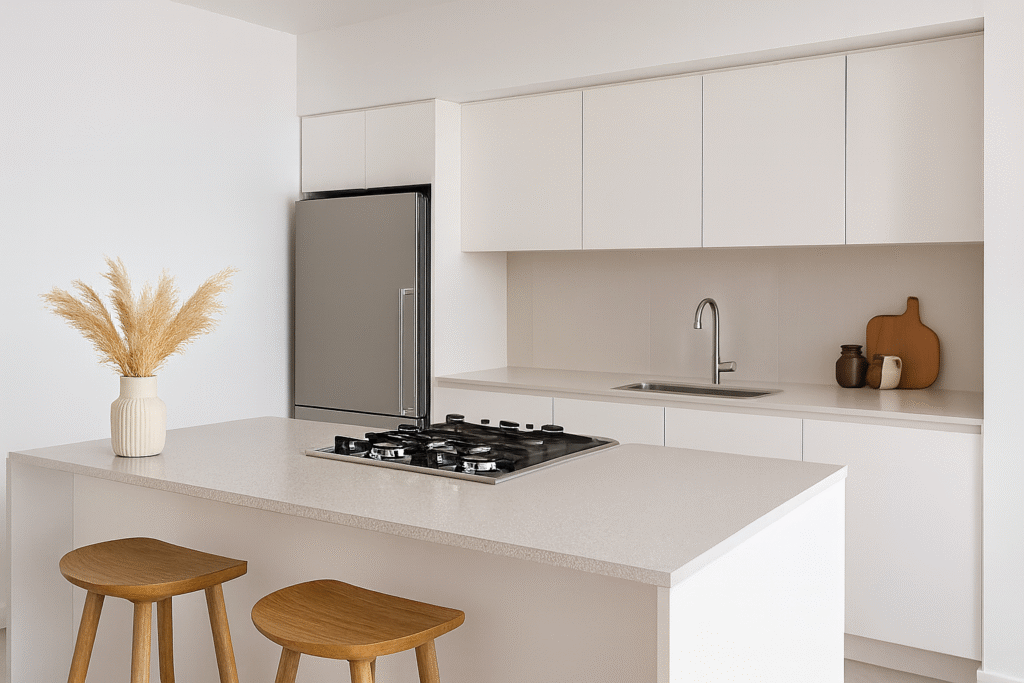 Tintas Suvinil: Confira as Principais Linhas e Funcionalidades em Cada Ambiente 4 Cozinha moderna minimalista com paredes pintadas em acabamento fosco branco Suvinil Toque Fosco Acrílico.