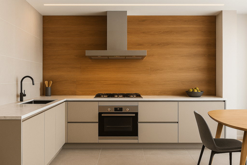 Cozinha moderna com parede de porcelanato amadeirado atrás do fogão