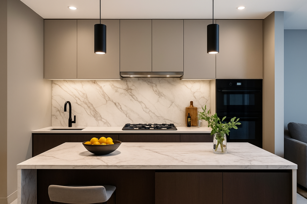 zinha moderna com parede revestida em porcelanato marmorizado branco