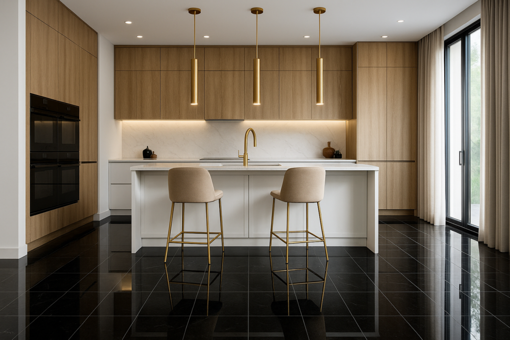 Porcelanato Preto na Cozinha: Dicas de Estilo e combinações Luxuosas 2 Cozinha moderna com piso porcelanato preto no chão, bancada branca, armários amadeirados e iluminação em pendentes dourados, estilo elegante e realista.