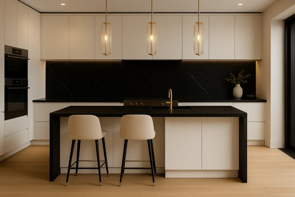 Porcelanato Preto na Cozinha: Dicas de Estilo e combinações Luxuosas 6 Cozinha sofisticada com móveis em porcelanato branco liso, parede em porcelanato preto e bancada escura, iluminação em LED e pendentes dourados.