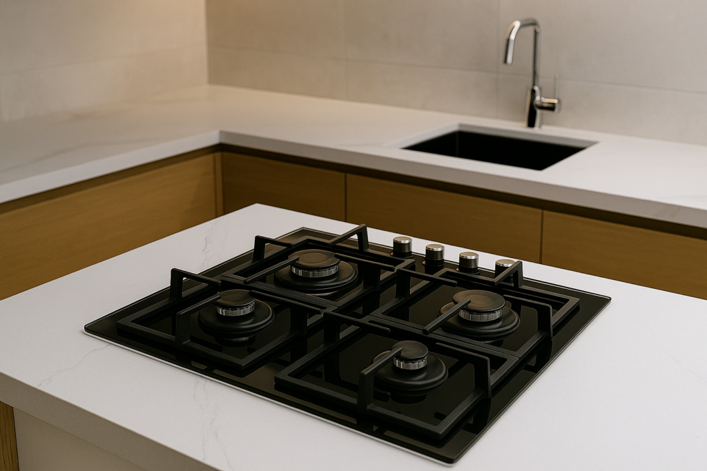 Pia de Alvenaria com Porcelanato: Modelos, Medidas e Dicas para Sua Cozinha 7 Cozinha moderna com bancada em porcelanato branco e cooktop embutido em vidro preto, destacando design sofisticado e funcionalidade.