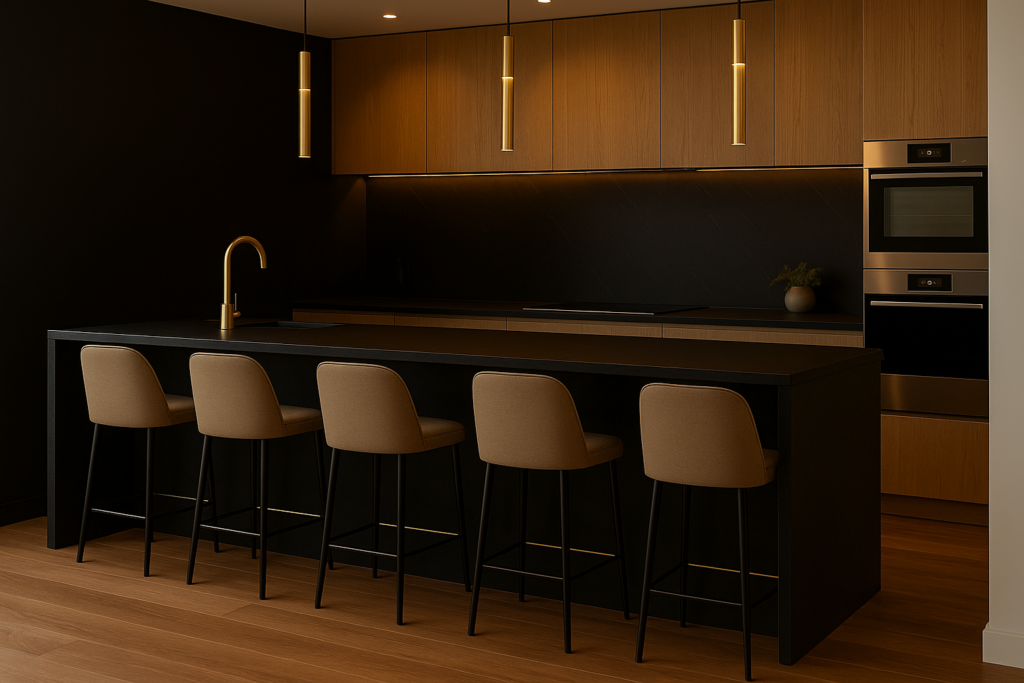 Porcelanato Preto na Cozinha: Dicas de Estilo e combinações Luxuosas 5 Cozinha sofisticada com bancadas em porcelanato preto liso, armários amadeirados e piso em madeira clara, com iluminação em LED e pendentes dourados.