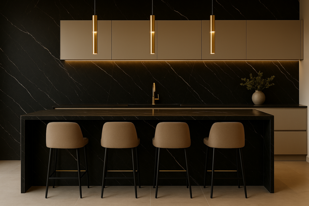Porcelanato Preto na Cozinha: Dicas de Estilo e combinações Luxuosas 4 Cozinha elegante com paredes e ilha revestidas em porcelanato preto marmorizado com veios brancos detalhados, iluminação LED e pendentes dourados sofisticados.