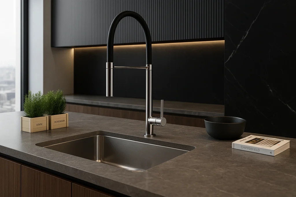 Docol ou Deca? Veja o Comparativo Completo Antes de Comprar 3 Cuba de sobrepor Docol em aço inox com torneira monocomando preta em bancada de mármore sofisticada, em cozinha moderna de luxo.