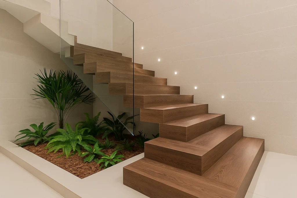 Piso para Escada: Guia Completo para Áreas Internas e Externas 3 Escada flutuante revestida em piso vinílico amadeirado Belgotex Castilla Nut, com guarda-corpo em vidro e jardim interno decorativo, em ambiente sofisticado.
