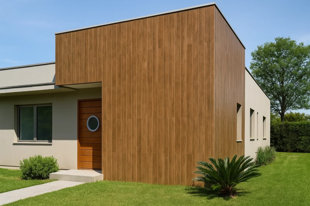 Porcelanato para Fachada Exterior: Beleza, Durabilidade e Sofisticação 5 Fachada de casa com porcelanato ripado.