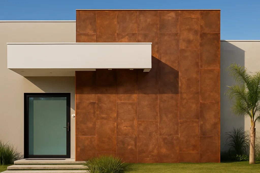 Porcelanato para Fachada Exterior: Beleza, Durabilidade e Sofisticação 4 Fachada de casa moderna com revestimento em porcelanato Aço Corten