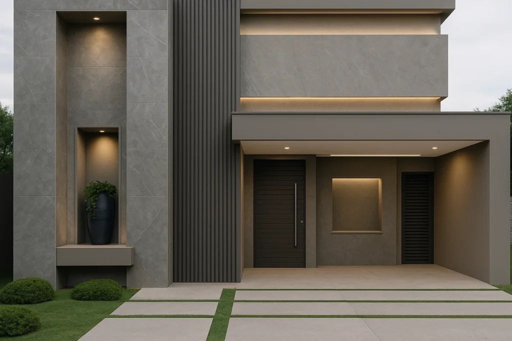 Porcelanato para Fachada Exterior: Beleza, Durabilidade e Sofisticação 6 Casa moderna com porcelanato para fachada exterior em tom cinza e nichos iluminados, destacando elegância e sofisticação