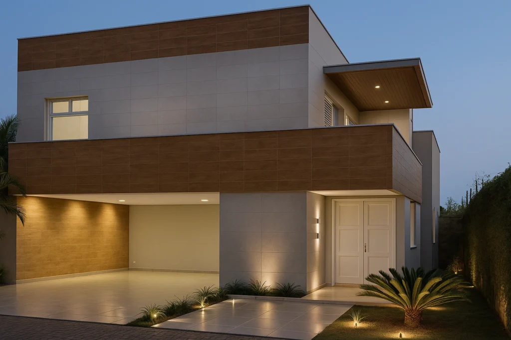 Porcelanato para Fachada Exterior: Beleza, Durabilidade e Sofisticação 3 Fachada com porcelanato para frente de casa moderna com iluminação embutida, revestimento amadeirado e detalhes em cerâmica bege.
