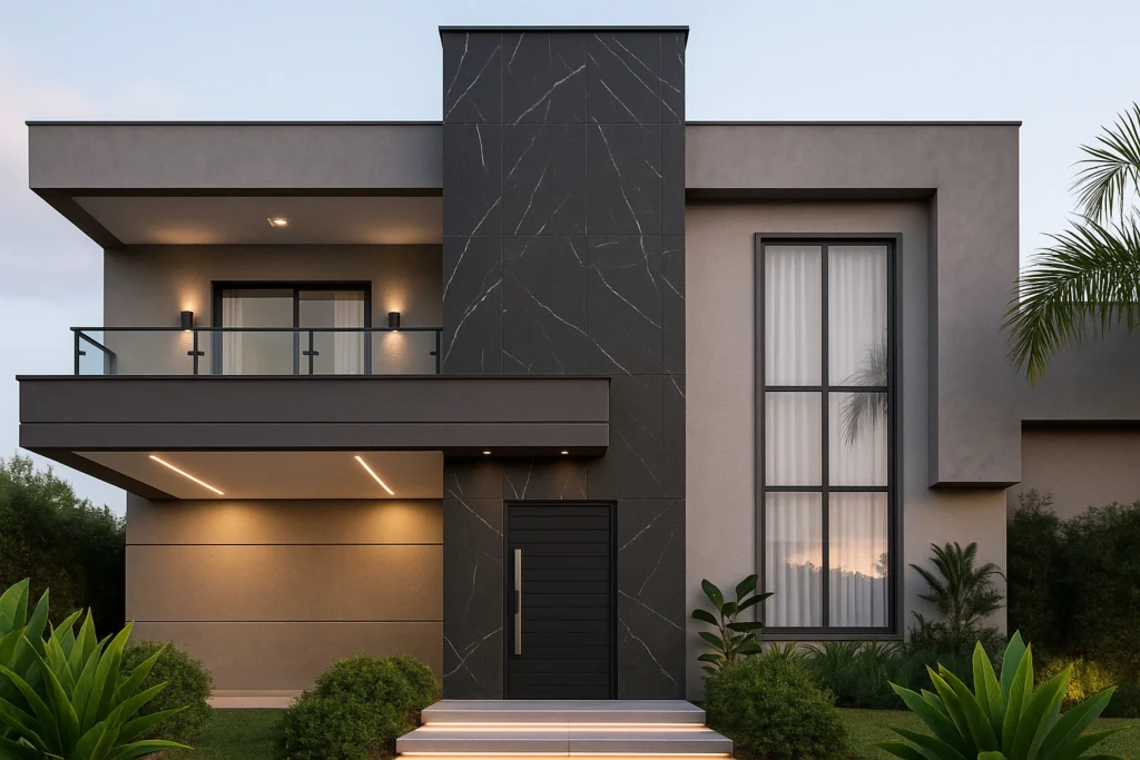Porcelanato para Fachada Exterior: Beleza, Durabilidade e Sofisticação 2 Fachada moderna de casa com porcelanato preto marmorizado na entrada principal e iluminação embutida.