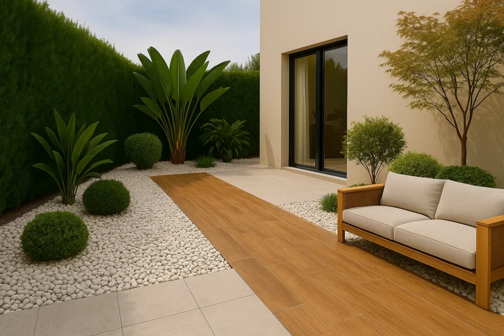 Ideias de Piso para Área Externa: Transforme seu Quintal com Estilo e Praticidade 7 Jardim moderno com piso em porcelanato amadeirado, seixos claros, sofá de design elegante e paisagismo refinado com plantas tropicais, transmitindo sofisticação e naturalidade.