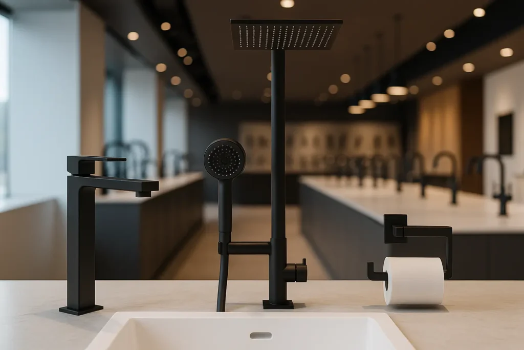 Docol ou Deca? Veja o Comparativo Completo Antes de Comprar 2 Exposição de metais sanitários modernos Docol em acabamento preto fosco em ambiente sofisticado de loja.