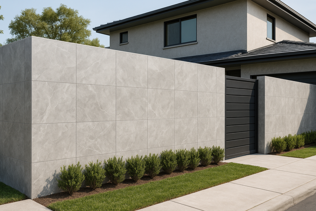 Porcelanato para Fachada Exterior: Beleza, Durabilidade e Sofisticação 7 Muro residencial moderno com revestimento em porcelanato cinza claro e portão preto.