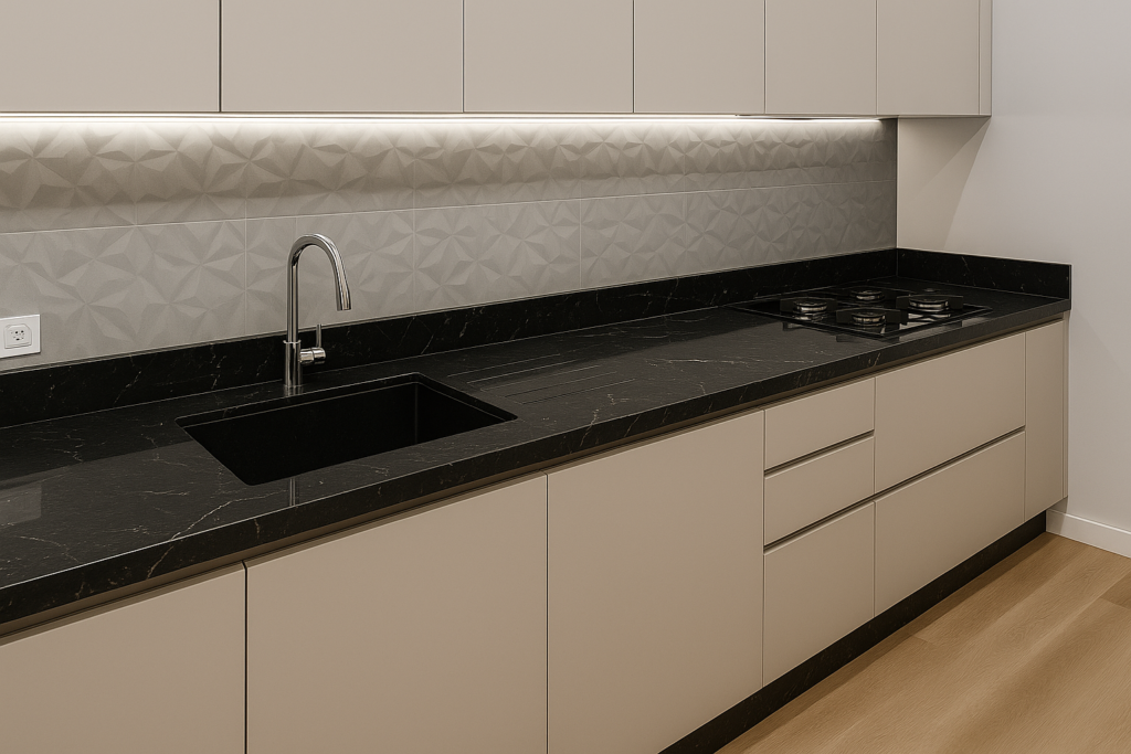Pia de Alvenaria com Porcelanato: Modelos, Medidas e Dicas para Sua Cozinha 6 Cozinha moderna com pia alvenaria de mármore preto e armários claros elegantes.