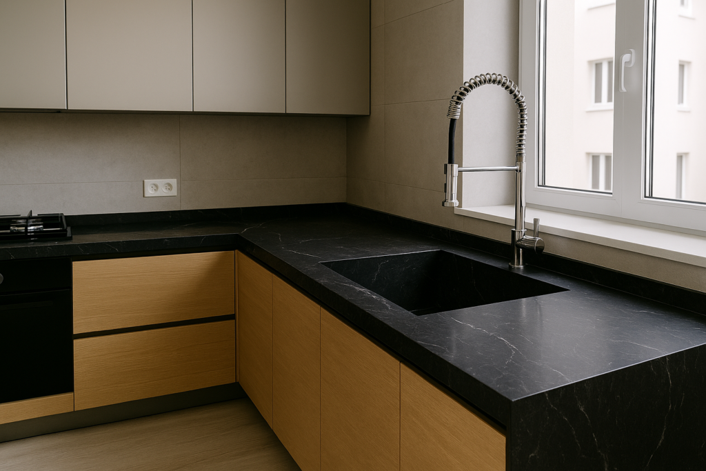Pia de Alvenaria com Porcelanato: Modelos, Medidas e Dicas para Sua Cozinha 5 Pia de alvenaria revestida com porcelanato preto marmorizado em cozinha moderna.