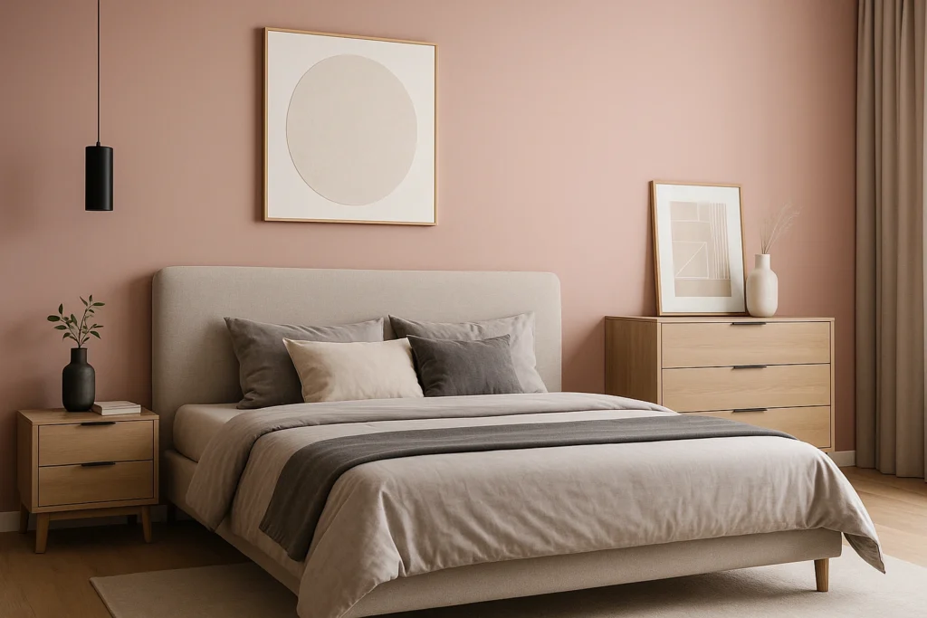 Pintura de Quarto: Confira Cores e Estilos para se inspirar. 3 Pintura de quarto moderna com parede rose, cama estofada bege e decoração minimalista.