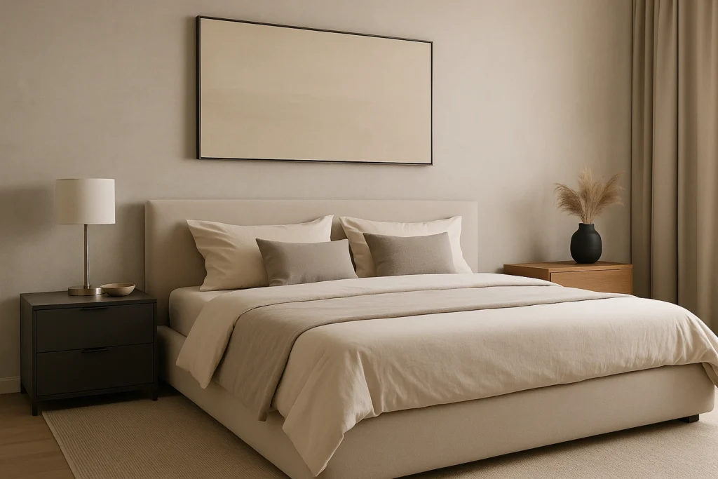 Pintura de Quarto: Confira Cores e Estilos para se inspirar. 2 Pintura de quarto moderna em tons neutros, com cama estofada bege, paredes cinza e off-white, e decoração minimalista.