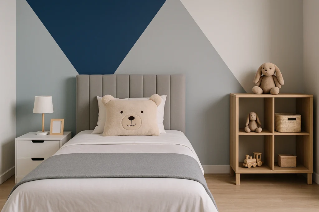 Pintura de Quarto: Confira Cores e Estilos para se inspirar. 5 Pintura geométrica em quarto infantil com triângulos em tons de azul, cinza e branco, cama estofada cinza e decoração moderna minimalista.