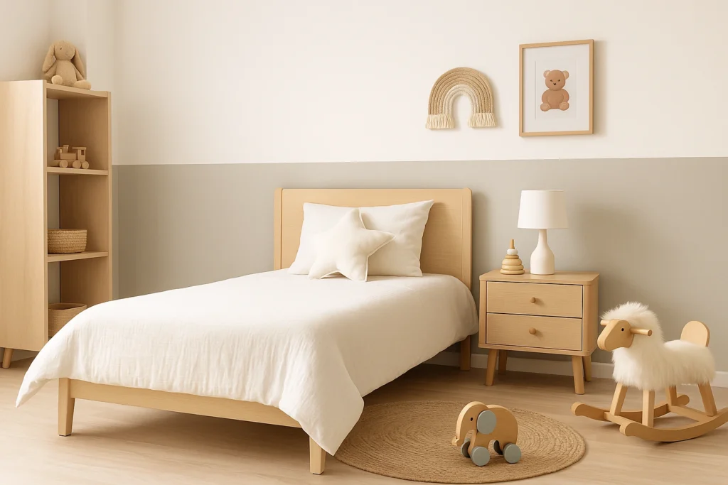 Pintura de Quarto: Confira Cores e Estilos para se inspirar. 6 Pintura meia parede em quarto infantil moderno, com cama de madeira clara, paredes em bege e cinza e decoração minimalista com brinquedos de madeira.