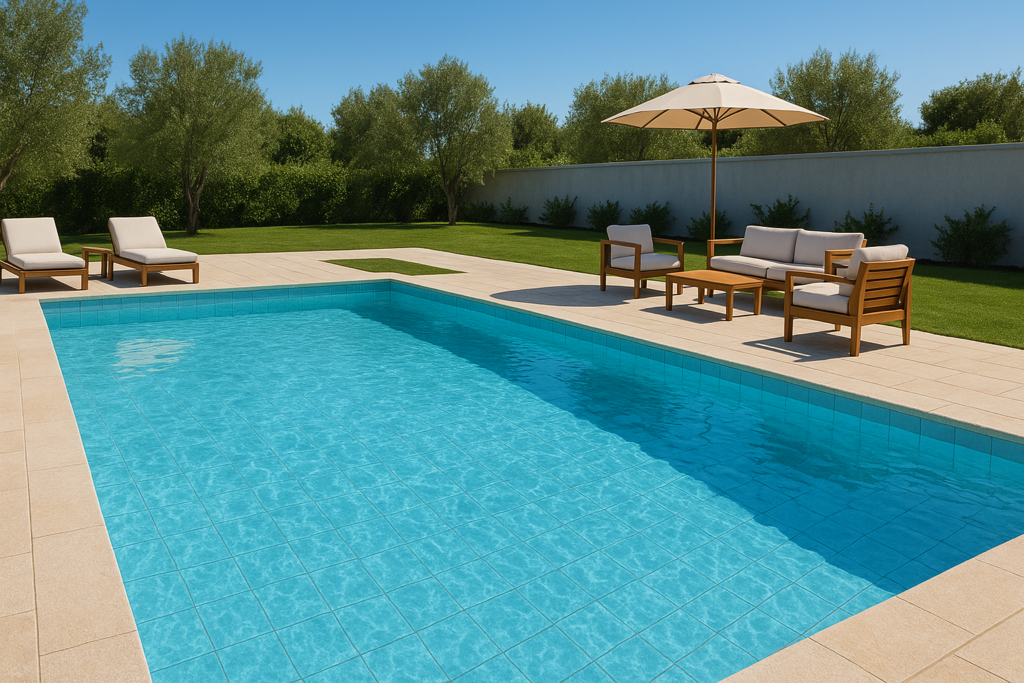 Porcelanato Azul para Piscina: Inspirações, Modelos e Rejuntes 1 Piscina revestida com porcelanato azul claro, destacando água cristalina e móveis externos elegantes ao redor.