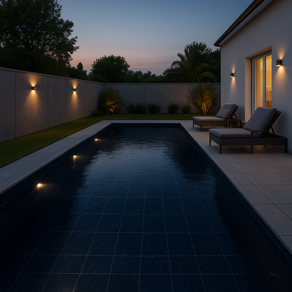 Porcelanato Azul para Piscina: Inspirações, Modelos e Rejuntes 3 Piscina revestida com porcelanato azul marinho escuro, destacando profundidade e iluminação noturna elegante.