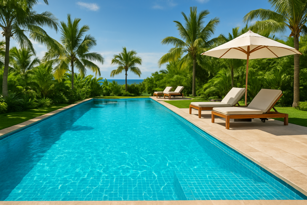 Porcelanato Azul para Piscina: Inspirações, Modelos e Rejuntes 2 Piscina revestida com porcelanato azul turquesa, cercada por palmeiras e móveis externos, transmitindo clima tropical vibrante.