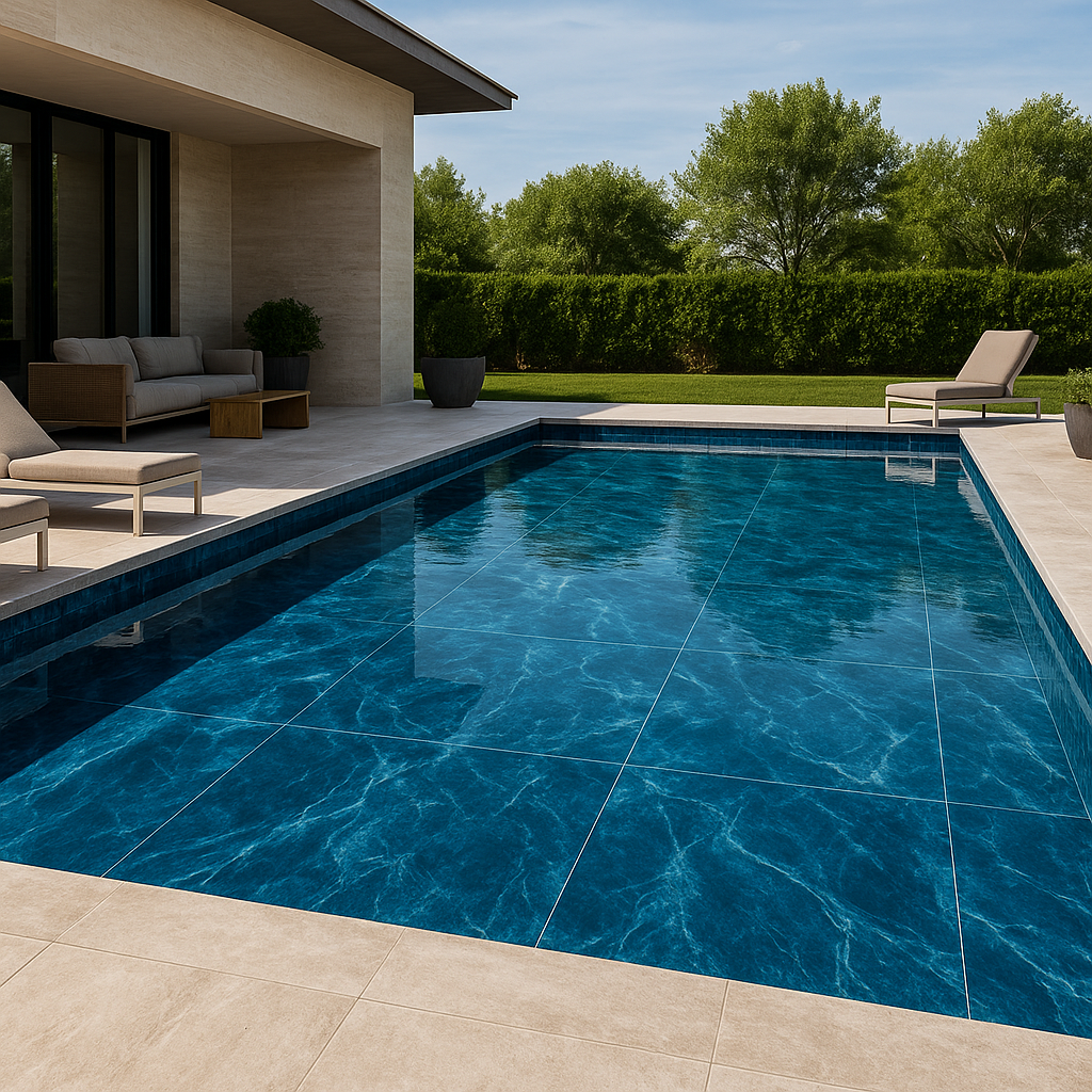 Porcelanato Azul para Piscina: Inspirações, Modelos e Rejuntes 4 Piscina revestida com porcelanato marmorizado azul e ônix em grandes formatos, transmitindo luxo e imponência.
