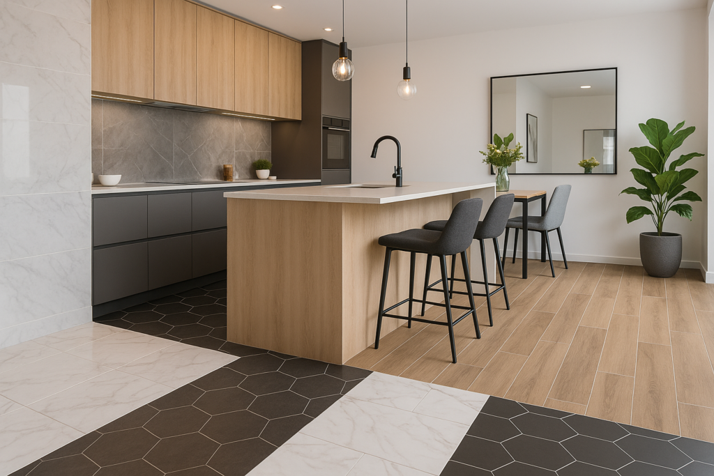 Piso para cozinha moderna com porcelanato cinza e design clean.